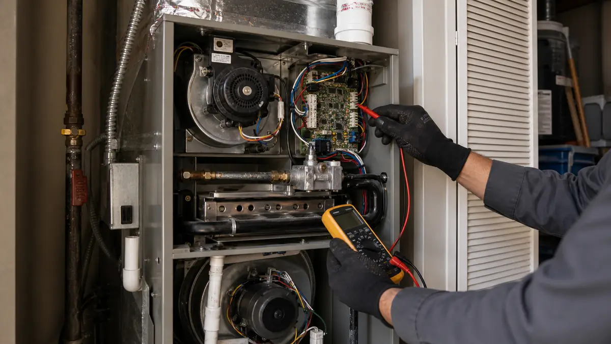 Carrier 59-series furnace in a Wilton Heights closet showing its amber LED code, ZIP 91767.