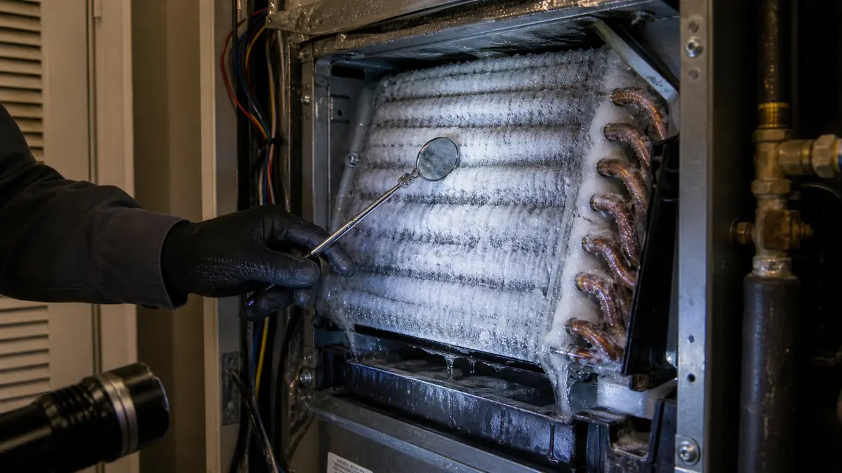 Ice on a Carrier indoor evaporator coil during a Pomona no-cool call, ZIP 91766.