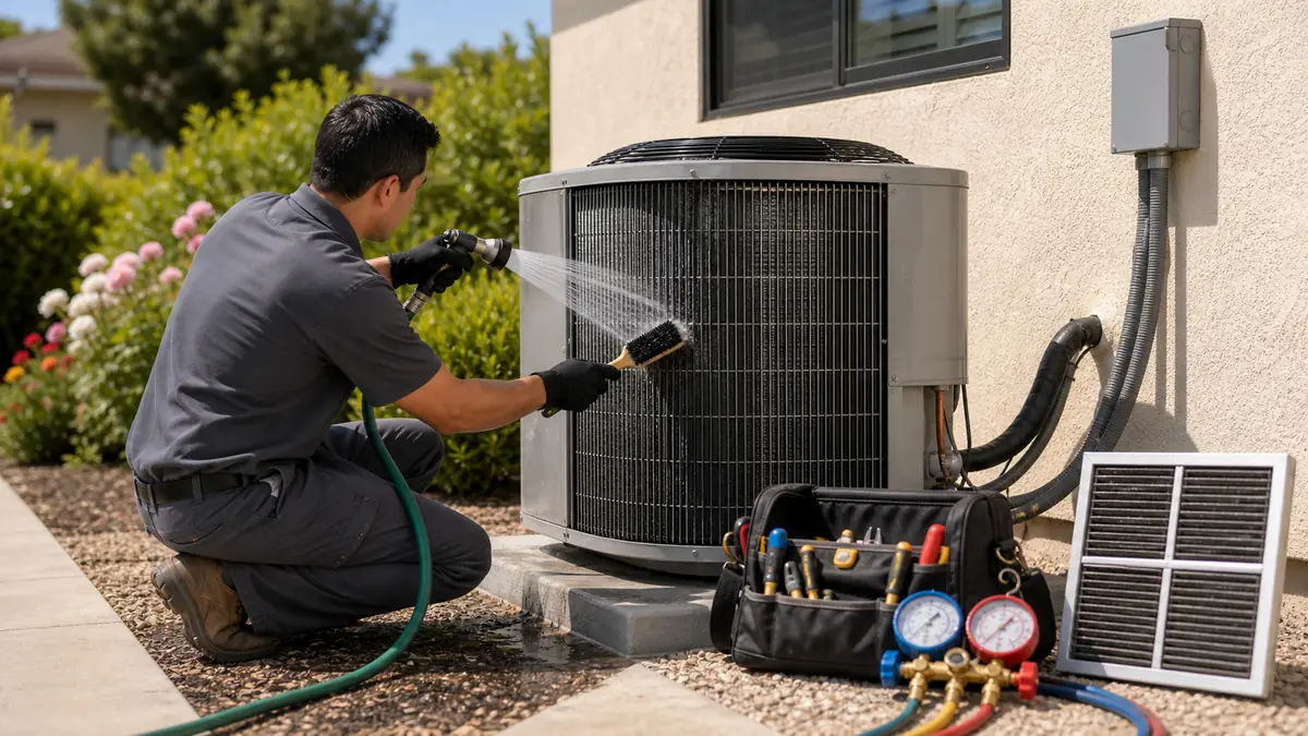 Rinsing a Carrier condenser coil during a spring tune-up in Hacienda, ZIP 91768.